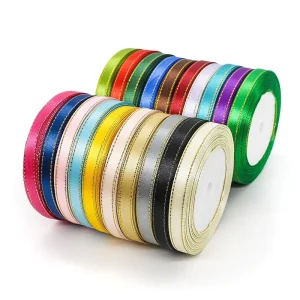 1 CM Width Gold Edge Satin Ribbon Roll Single Face Polyester Gift Ribbon