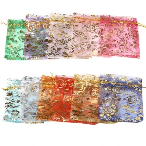 10*15cm Gold Silver Rose Organza Bag for Gift Packaging