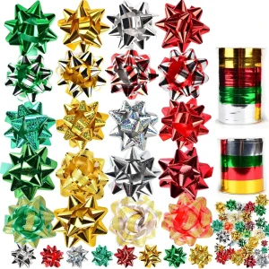 10 PCS Present Bows and Gift Ribbons Self Adhesive Gift Bows Curling Ribbons for Gift Present Wrapping Christmas Metal Bow