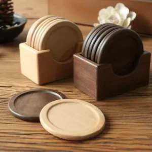 100% Natural Laser Cut Wooden Bamboo Wood Round Coaster Set With Holder Bamboo Hot Mat for Drinks