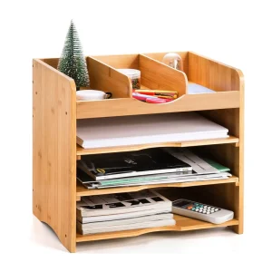 100% Original Eco Friendly Bamboo File Trays Rack with Four Layers Adjustable Sliding Shelves for Desk