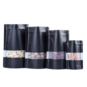 100 Pack Stand up Mylar Bags with Clear Window Smell Proof Bags Foil Pouch Double Sided Food Storage Bag Matte Black