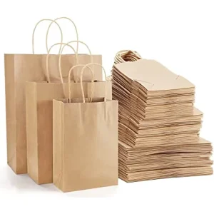 100% Recyclable Reinforced Handle Craft Paper Bags, customised Paper Bag Brown Shopping Packaging Flat Handle Kraft Paper Bag
