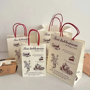 100% Recycled Take Away Custom Kraft Paper Gift Bags with Handles Flat Bottom Packaging Bags for Euro Boutique Retail