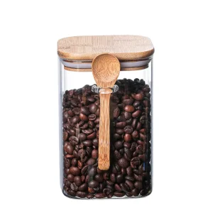 1000ML 1200ML 1500ML Square Shape Transparent Glass Food Jar With Wooden Spoon