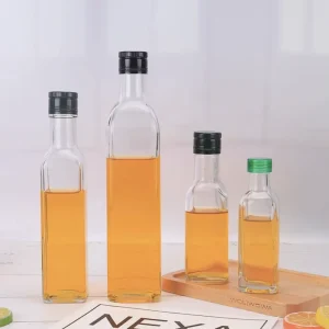 100ml 250ml 500ml 750ml 1L Clear Square Glass Olive Oil Bottle Empty Cooking Oil Glass Container with Green Plastic Screw Cap