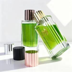 100ml Clear Rectangular Vertical Stripe Glass Perfume Bottle with Press Spray Pump and Multi color Weighted Caps