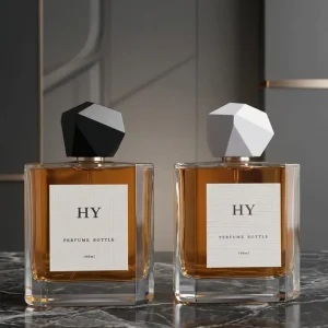 100ml Flat Octagon Empty Glass Perfume Bottle with Pump Sprayer Atomizer and Geometric Cap Stock Available