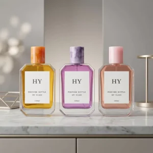 100ml Flat Octagon Glass Perfume Bottle with Marble Pattern Resin Caps Stock Fragrance Spray Packaging
