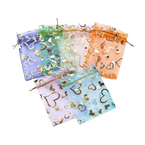 100pcs Heart Organza Gift Bags 2.7×3.5 Inch Drawstring Hot Stamped Jewelry Pouch for Valentine’s Day Wedding Christmas Party
