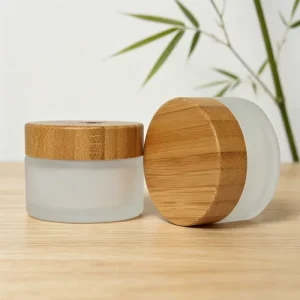 10g 30g 50g 100g Clear Frosted Glass Cream Bottle Natural Bamboo Lid with PP Liner Custom Logo Eco Skincare Cosmetic Container