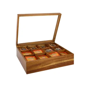 12 Compartments Acacia Wood Tea Organizer Box Multi Functional Tea Bag Storage