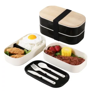 1300ml Sleek Oval Bamboo Lid Bento Box Double Layer Smooth Rounded Edges Lunch Box with Cutlery for Office School Eco-friendly