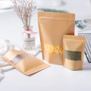 14*20+4cm High Quality Food Packaging Bag Stand up Pouch Frosted Window Kraft Paper Zipper Bag for Nuts Beans