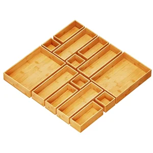 14 Piece Bamboo Drawer Organizer Storage Box Wood Tray Junk Drawer Divider Bin Kitchen Bathroom Office Desk Makeup Organizer