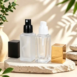15ml 40ml Frosted Square Glass Cosmetic Pump Bottles with Custom Logo Screen Printing for Foundation Serum