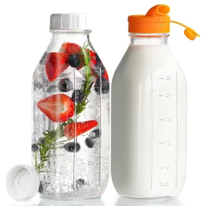 16oz 32oz Square Glass Milk Bottle with Scale Pour Spout for Milk Dispenser Juice