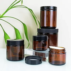 1oz 2oz 4oz 8oz Straight Sided Round Amber Glass Cosmetic Jar with Black Plastic Lid BPA Free Container