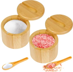 2 Piece Eco Friendly Durable Bamboo Salt Spice Box Set Magnetic Swivel Lid Spoon 6 oz Natural Storage Container for Table Salt
