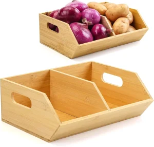 2 Set Modern Bamboo Storage Bins Wood Pantry Organizers for Onions Potatoes Garlic & Fruits Boxed & Stackable