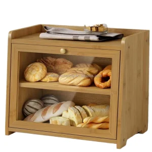 2-Tier Bamboo Bread Box Kitchen Countertop with Removable Natural Wood Container 2 Layer for Food Storage