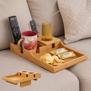 2 in 1 Bamboo Couch Tray with Folding Panel 2 Removable Magnetic Cup Covers Sofa Gap Insert Sofa Tray for Snacks Drinks Remotes