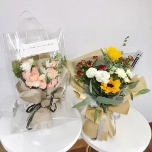 20PCS Waterproof Plastic Wrapping Handbags Gift Packaging Transparent Flower Carrier Bag with Paper Handle