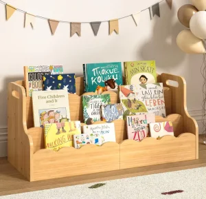 3 Tier Bamboo Kids Bookshelf Montessori Toddler Bookcase Organizer with Handles for Nursery Playroom Bedroom