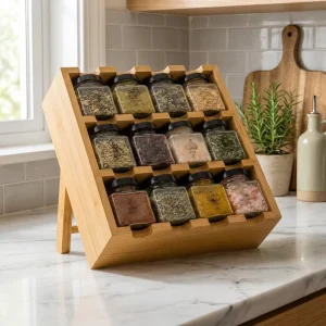 3 Tier Bamboo Spice Rack Set with 12 Pre Filled Clear Glass Jars Countertop Kitchen Spice Storage Organizer