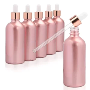 3.4 Oz Pink Coated Glass Bottles for Essential Oils Empty Round Glass Dropper Holder with Glass Pipette UV Protection