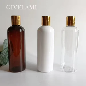 300ml Round Shape White Amber Transparent PET Plastic Shampoo Bottle with Gold Lid for Cosmetic Container