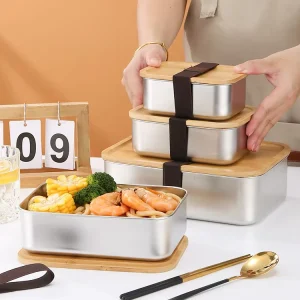 304 Stainless Steel Bento Box Adult Microwave Safe Dishwasher Safe Leakproof Work Wooden Lunch Box for Children