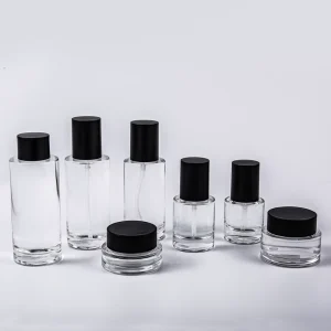 30g 50g 30ml 50ml 100ml 120ml 150ml Transparent Cosmetic Flint Glass Bottles Black Plastic Lid Pump Sprayer Screen Printing