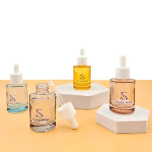 30ml Orange Green Flat Shoulder Skincare Packaging Glass Essential Oil Bottle with Plastic Droppers