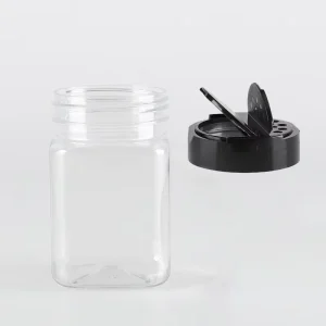 350ml 355ml Plastic Square Bottles Spice PET Container Clear Jars With Black Red Flapper Caps for Salt Pepper Shaker Packaging