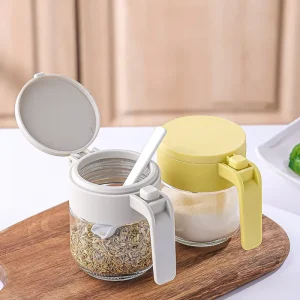 350ml Clear Glass Seasoning Jar with Ergonomic Handle Flip Multi Color Lid Moisture Proof Spice Container