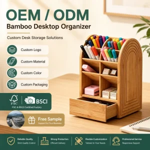 360 Rotating Bamboo Desk Organizer with Drawer Wooden Desktop Storage Rack Multi Tier Office Supplies Organizer Pen Holder