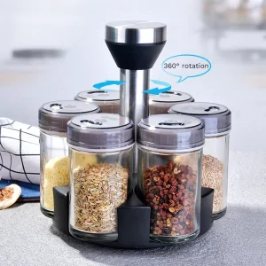 360 Rotating Glass Spice Jar Set 6 Pcs Adjustable Pour Holes Stainless Steel Rack BPA Free Dishwasher Safe Kitchen Jar