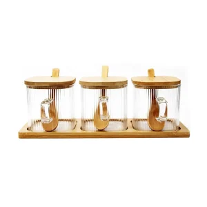 3Pcs Eco friendly Glass Spice Jar Set Bamboo Lid Spoon Tray Food grade Heat resistant Dishwasher Safe Condiment Containers