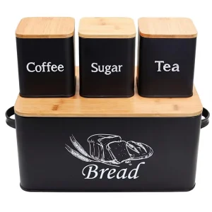 4 Pieces Reusable Bread Bin Coffee Sugar Tea Storage Canisters Kitchen Decor Metal Bread Box Set with Bamboo Cover