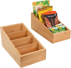 4 Section Snack Organizer with Removable Dividers 2 Pack Bamboo Pantry Storage Organization