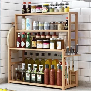 4-Tier Bamboo Spice Rack Organizer Natural Wood Standing Shelf for Kitchen Countertop Space Saving Seasoning Storage Stable