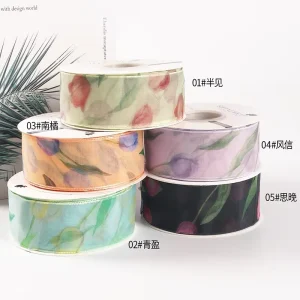 4.0cm*15Y Luxury Polyester Grosgrain Floral Chiffon Organza Ribbon Durable Gift Wrapping Bouquet Decoration for Birthday Easter