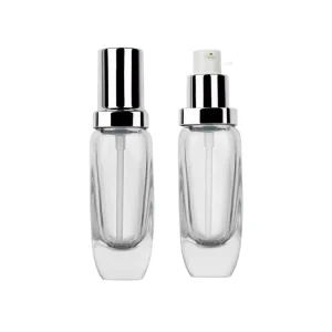 40ml Special Shape Foundation Liquid Glass Bottle with Plastic Pump and Silver Lid