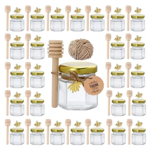 50 Pack Mini Hexagon Honey Jar Set with Wooden Dipper Bee Pedant Screw Cap Gold for Gifts Wedding Favors
