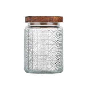 500ml 700ml Flower Carved Pattern Kitchen Food Glass Storage Containers Jars with Wooden Lids