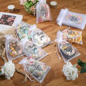 50Pcs 4x6inch Thank You Gift Bags Wedding Sheer Organza Bags Floral Small Thank You Bags with Drawstring for Baby Shower Party