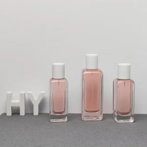 50ml 100ml Square Slim Empty Perfume Glass Bottle with Spray Pump Plastic Cap or Wooden Cap