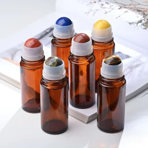 50ml Amber Glass Roll on Bottle with Natural Gemstone Ball Empty Aromatherapy Perfume Essential Oil Container Private Label