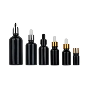 5ml 10ml 15ml 20ml 30ml 50ml 100ml Black Glass Bottle Plastic Dropper for Essential Oil Skin Care Cream Custom Logo Hot Stamping